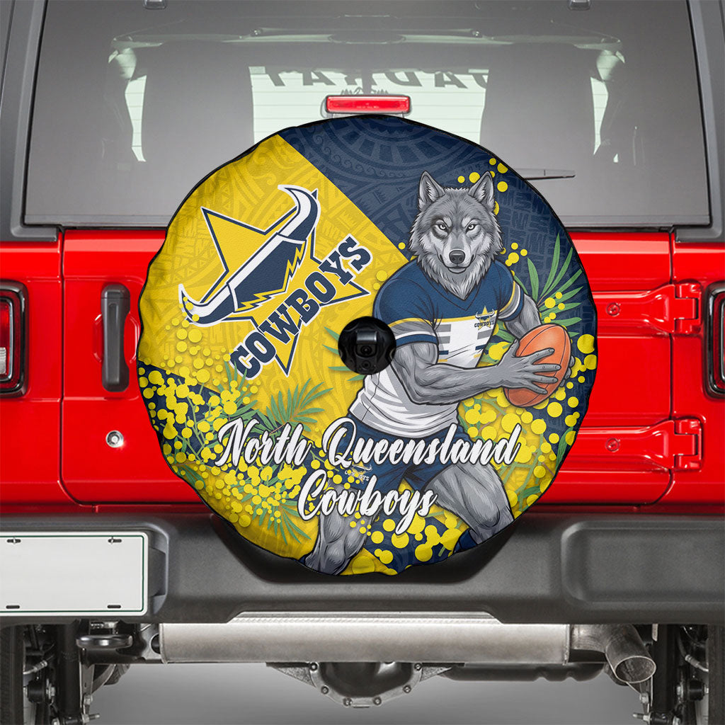 North Queensland Cowboys Spare Tire Cover Golden Wattle Floral Polynesian - Australian Flower - Rugby Mascot