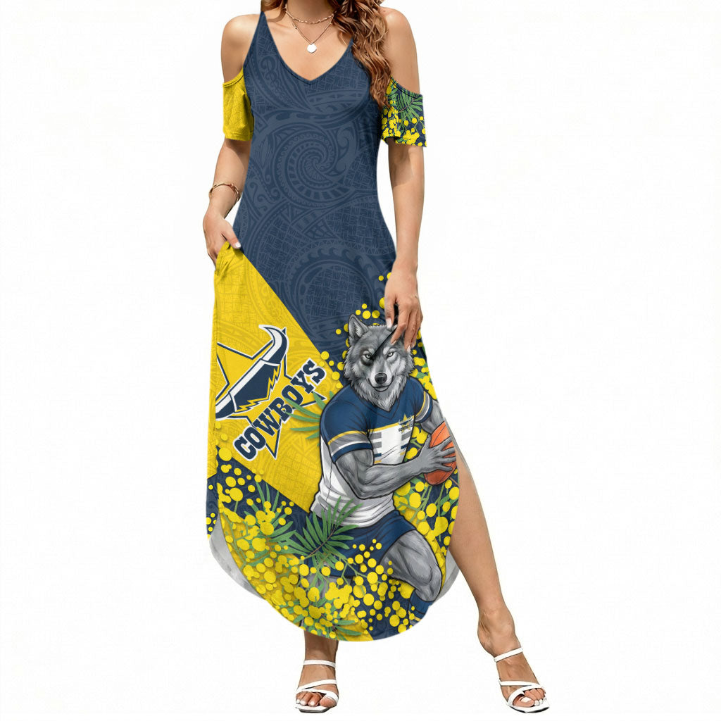 North Queensland Cowboys Summer Maxi Dress Golden Wattle Floral Polynesian - Australian Flower - Rugby Mascot