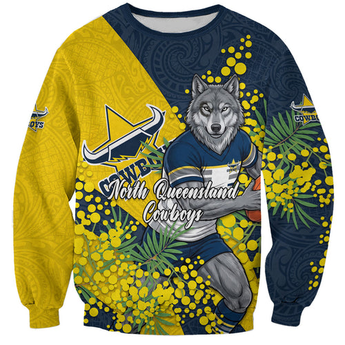 North Queensland Cowboys Sweatshirt Golden Wattle Floral Polynesian - Australian Flower - Rugby Mascot
