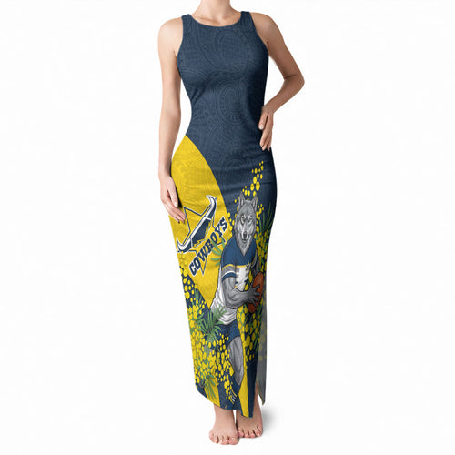 North Queensland Cowboys Tank Maxi Dress Golden Wattle Floral Polynesian - Australian Flower - Rugby Mascot