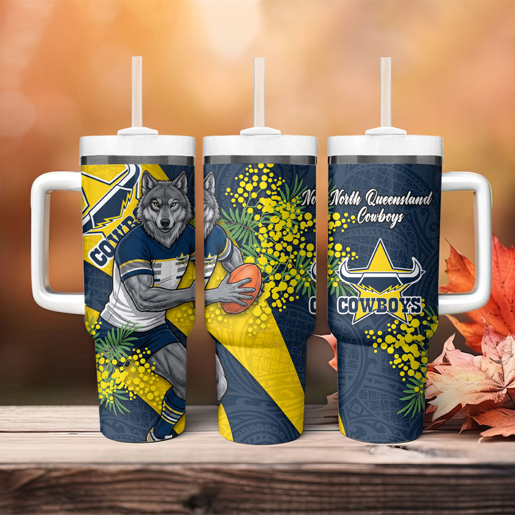 North Queensland Cowboys Tumbler With Handle Golden Wattle Floral Polynesian - Australian Flower - Rugby Mascot
