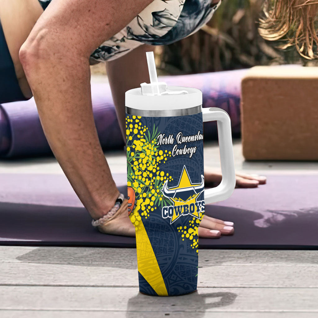 North Queensland Cowboys Tumbler With Handle Golden Wattle Floral Polynesian - Australian Flower - Rugby Mascot