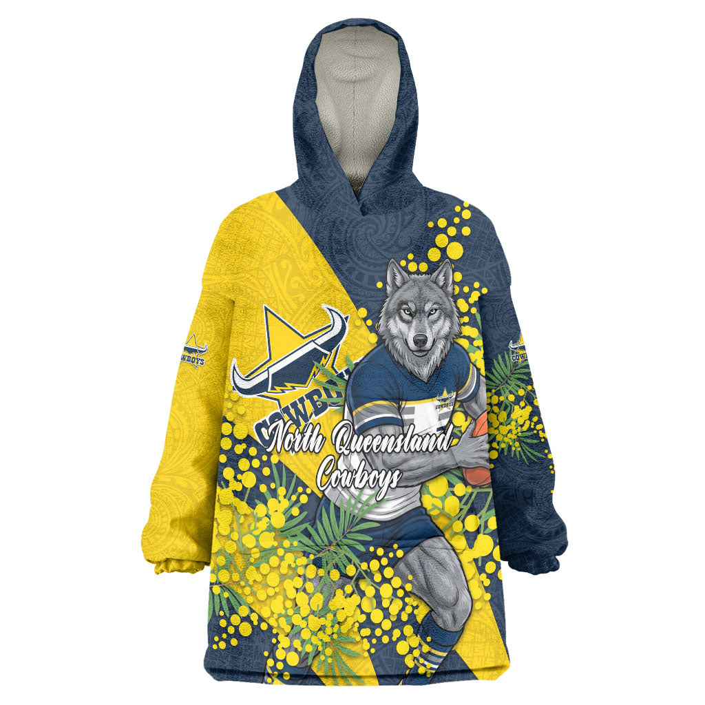 North Queensland Cowboys Wearable Blanket Hoodie Golden Wattle Floral Polynesian - Australian Flower - Rugby Mascot
