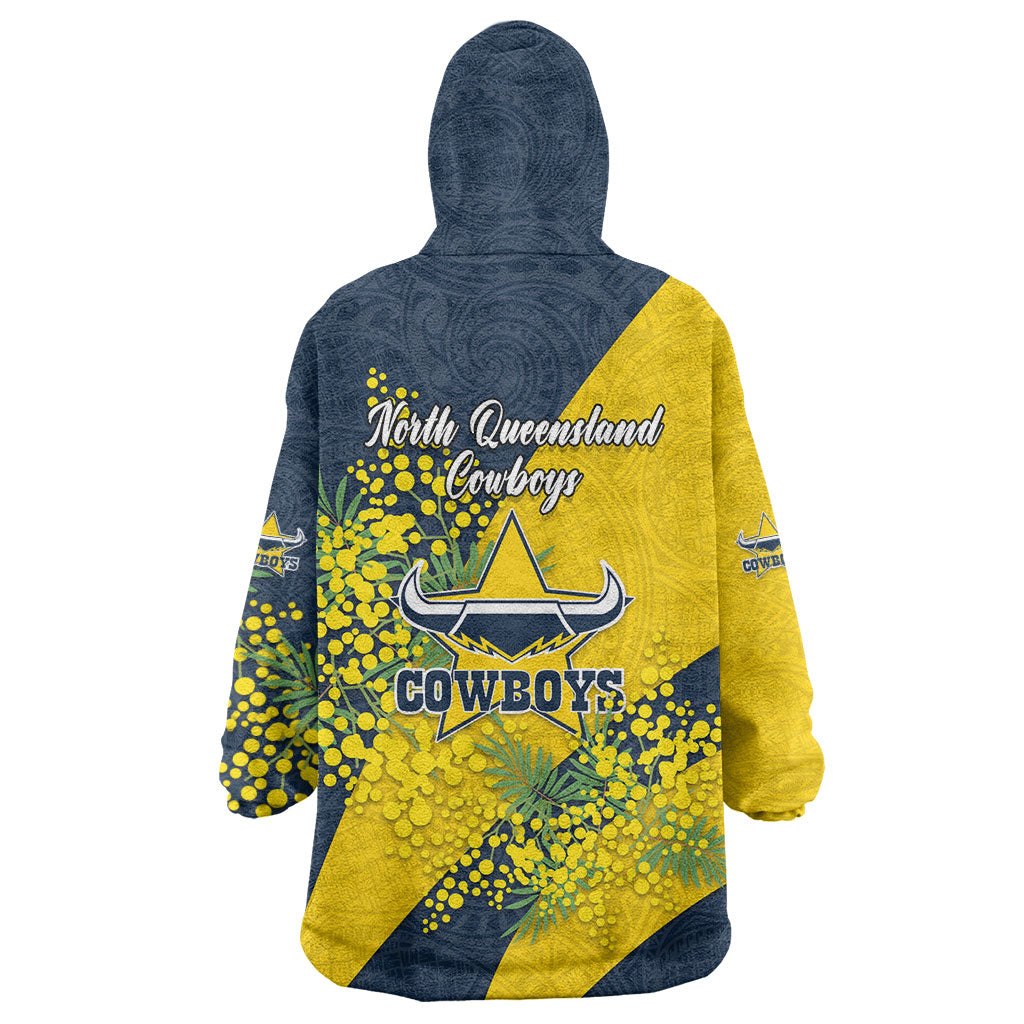 North Queensland Cowboys Wearable Blanket Hoodie Golden Wattle Floral Polynesian - Australian Flower - Rugby Mascot