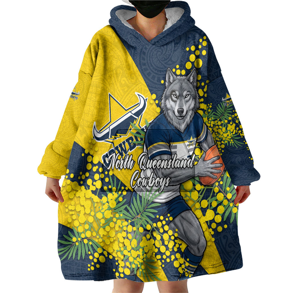 North Queensland Cowboys Wearable Blanket Hoodie Golden Wattle Floral Polynesian - Australian Flower - Rugby Mascot