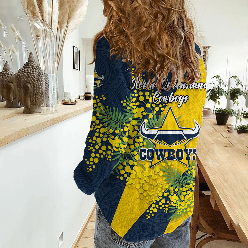 North Queensland Cowboys Women Casual Shirt Golden Wattle Floral Polynesian - Australian Flower - Rugby Mascot