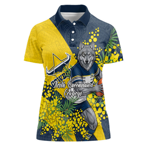 North Queensland Cowboys Women Polo Shirt Golden Wattle Floral Polynesian - Australian Flower - Rugby Mascot