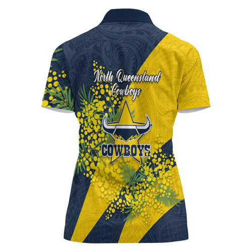 North Queensland Cowboys Women Polo Shirt Golden Wattle Floral Polynesian - Australian Flower - Rugby Mascot