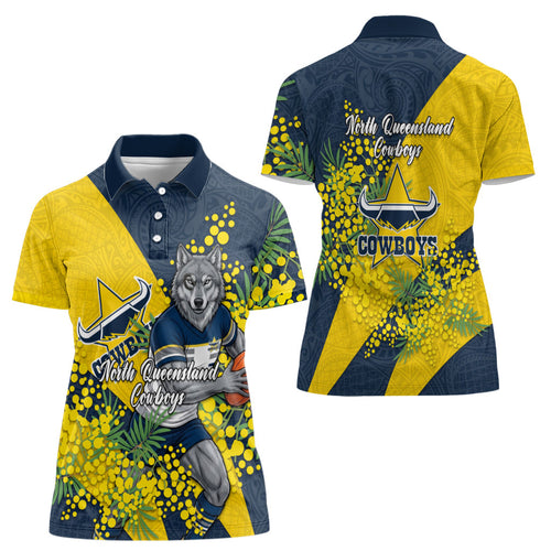 North Queensland Cowboys Women Polo Shirt Golden Wattle Floral Polynesian - Australian Flower - Rugby Mascot