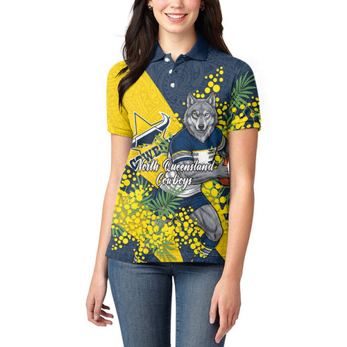 North Queensland Cowboys Women Polo Shirt Golden Wattle Floral Polynesian - Australian Flower - Rugby Mascot