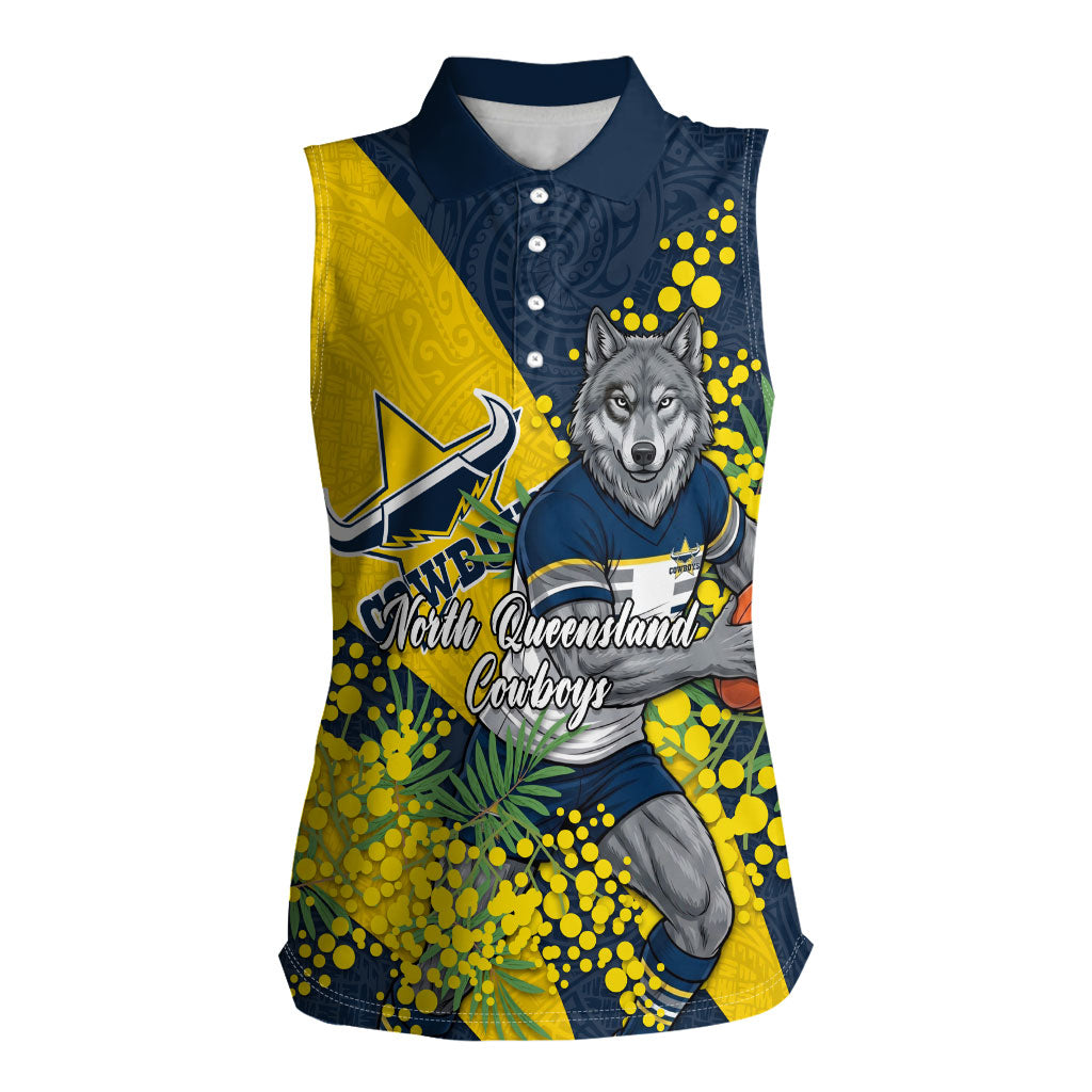 North Queensland Cowboys Women Sleeveless Polo Shirt Golden Wattle Floral Polynesian - Australian Flower - Rugby Mascot