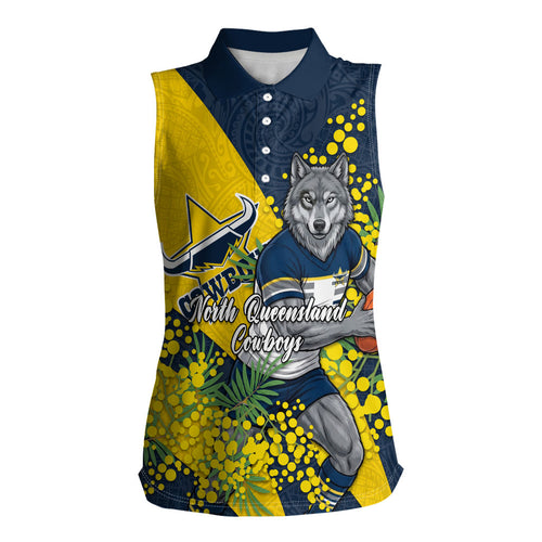 North Queensland Cowboys Women Sleeveless Polo Shirt Golden Wattle Floral Polynesian - Australian Flower - Rugby Mascot