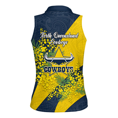 North Queensland Cowboys Women Sleeveless Polo Shirt Golden Wattle Floral Polynesian - Australian Flower - Rugby Mascot