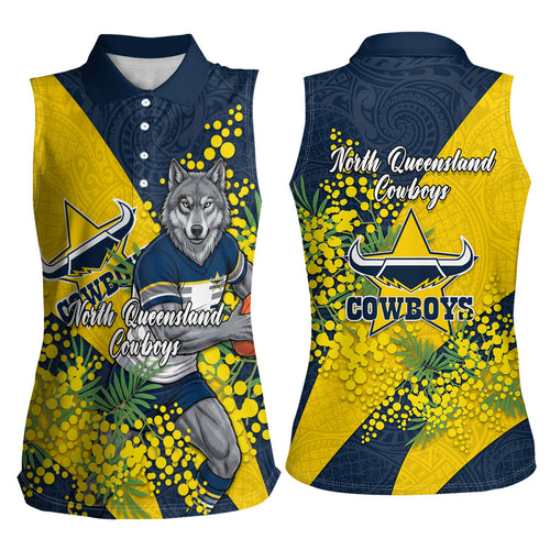 North Queensland Cowboys Women Sleeveless Polo Shirt Golden Wattle Floral Polynesian - Australian Flower - Rugby Mascot