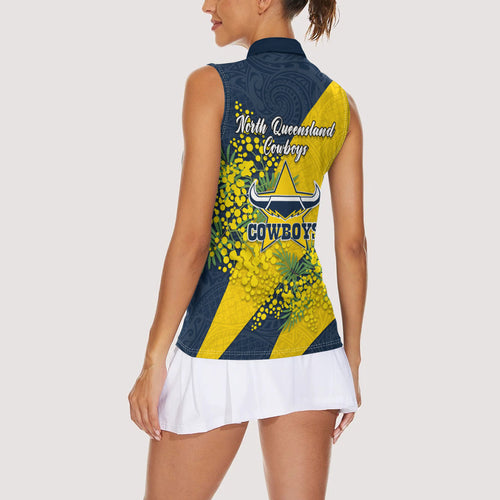 North Queensland Cowboys Women Sleeveless Polo Shirt Golden Wattle Floral Polynesian - Australian Flower - Rugby Mascot