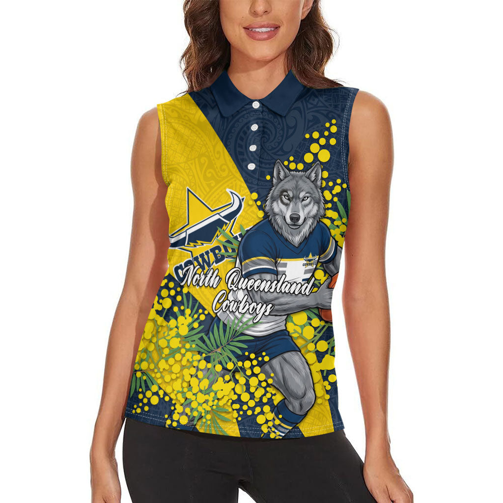 North Queensland Cowboys Women Sleeveless Polo Shirt Golden Wattle Floral Polynesian - Australian Flower - Rugby Mascot