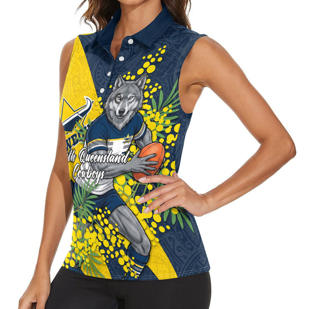 North Queensland Cowboys Women Sleeveless Polo Shirt Golden Wattle Floral Polynesian - Australian Flower - Rugby Mascot