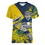 North Queensland Cowboys Women V-Neck T-Shirt Golden Wattle Floral Polynesian - Australian Flower - Rugby Mascot
