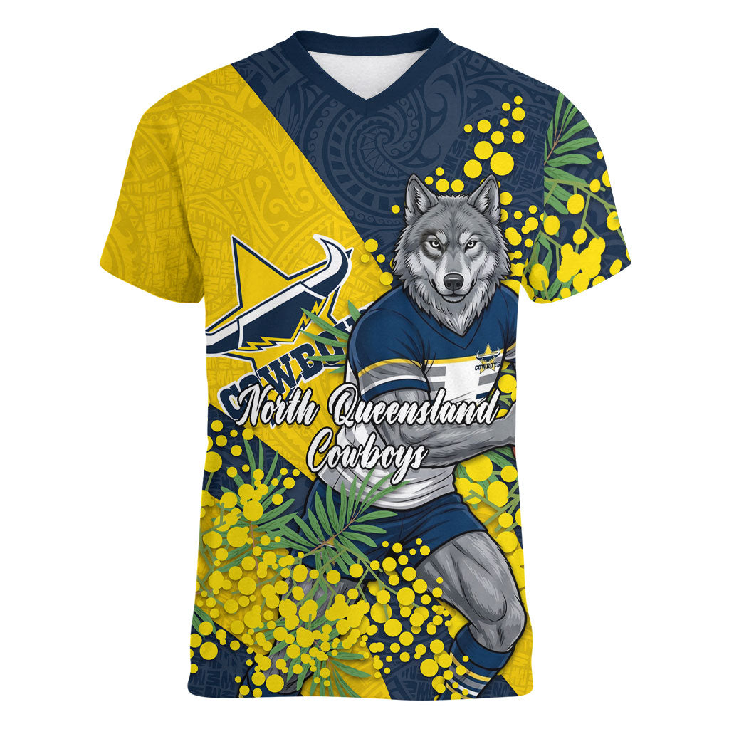North Queensland Cowboys Women V-Neck T-Shirt Golden Wattle Floral Polynesian - Australian Flower - Rugby Mascot