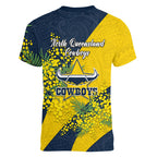 North Queensland Cowboys Women V-Neck T-Shirt Golden Wattle Floral Polynesian - Australian Flower - Rugby Mascot
