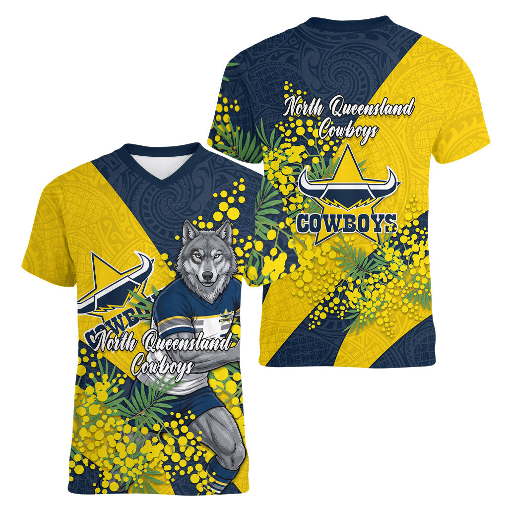 North Queensland Cowboys Women V-Neck T-Shirt Golden Wattle Floral Polynesian - Australian Flower - Rugby Mascot