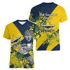 North Queensland Cowboys Women V-Neck T-Shirt Golden Wattle Floral Polynesian - Australian Flower - Rugby Mascot
