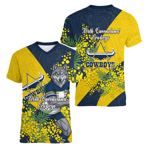 North Queensland Cowboys Women V-Neck T-Shirt Golden Wattle Floral Polynesian - Australian Flower - Rugby Mascot