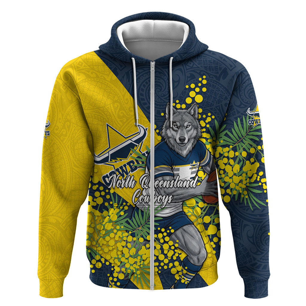 North Queensland Cowboys Zip Hoodie Golden Wattle Floral Polynesian - Australian Flower - Rugby Mascot