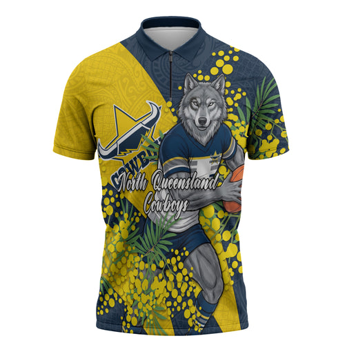 North Queensland Cowboys Zipper Polo Shirt Golden Wattle Floral Polynesian - Australian Flower - Rugby Mascot