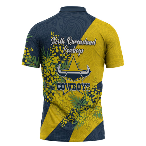 North Queensland Cowboys Zipper Polo Shirt Golden Wattle Floral Polynesian - Australian Flower - Rugby Mascot