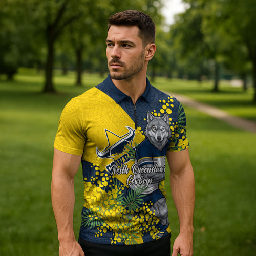 North Queensland Cowboys Zipper Polo Shirt Golden Wattle Floral Polynesian - Australian Flower - Rugby Mascot