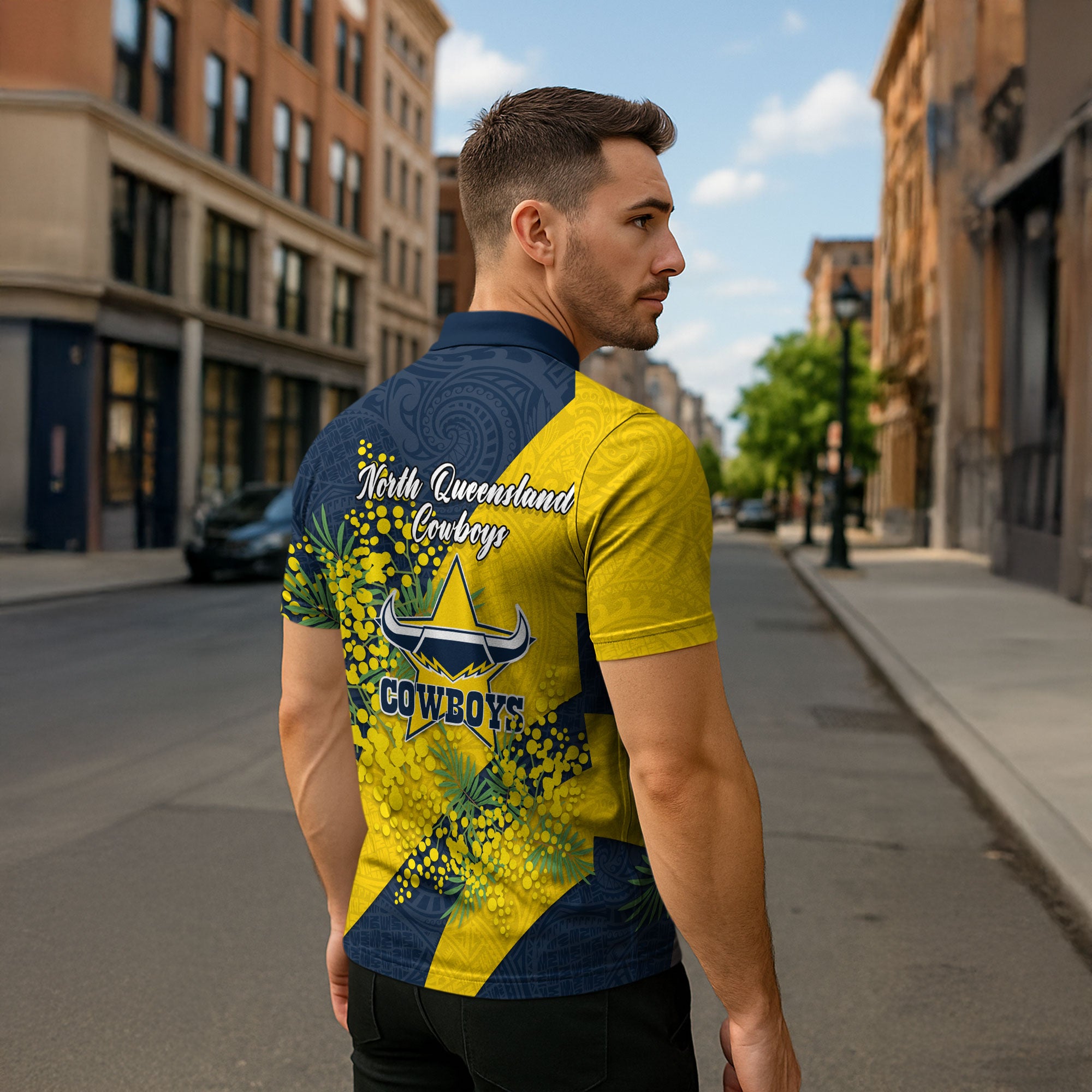 North Queensland Cowboys Zipper Polo Shirt Golden Wattle Floral Polynesian - Australian Flower - Rugby Mascot