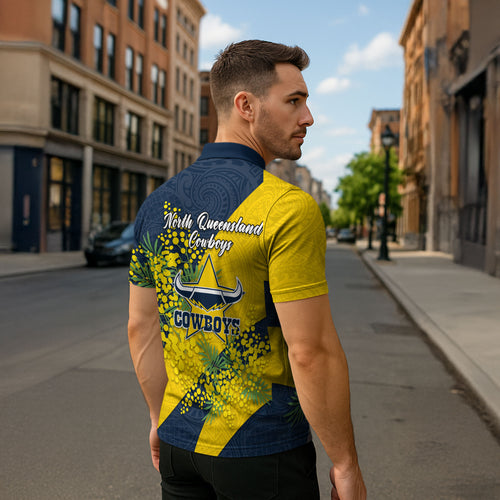 North Queensland Cowboys Zipper Polo Shirt Golden Wattle Floral Polynesian - Australian Flower - Rugby Mascot
