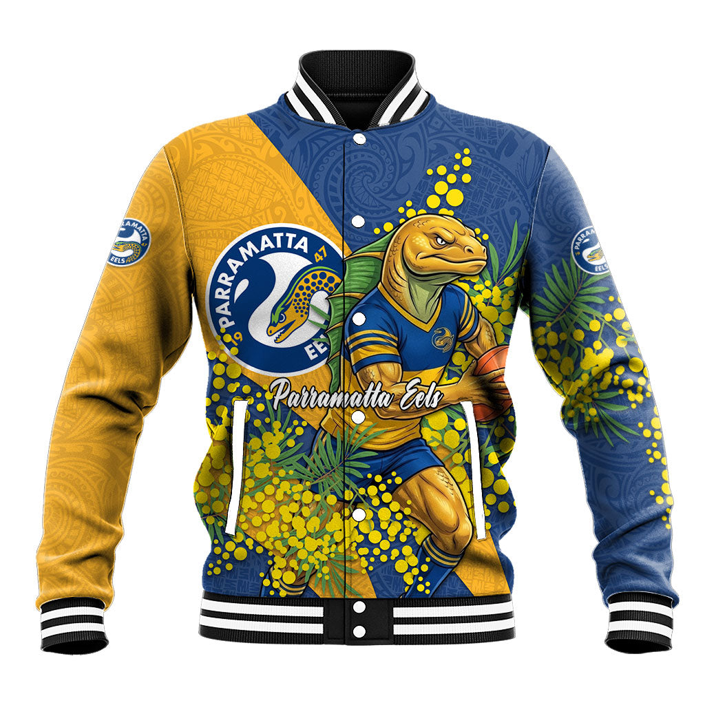 Parramatta Eels Baseball Jacket Golden Wattle Floral Polynesian - Australian Flower - Rugby Mascot