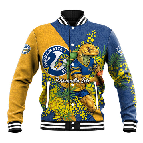 Parramatta Eels Baseball Jacket Golden Wattle Floral Polynesian - Australian Flower - Rugby Mascot