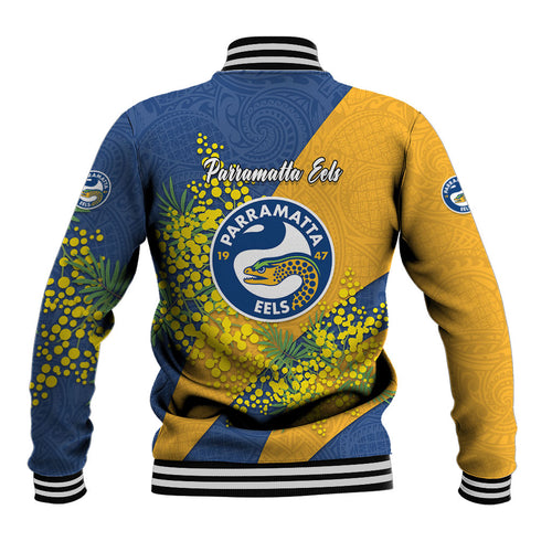 Parramatta Eels Baseball Jacket Golden Wattle Floral Polynesian - Australian Flower - Rugby Mascot
