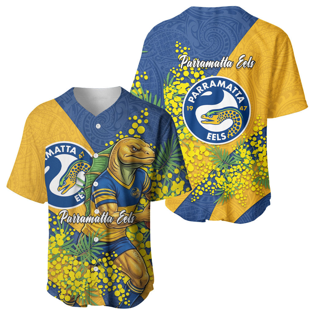 Parramatta Eels Baseball Jersey Golden Wattle Floral Polynesian - Australian Flower - Rugby Mascot