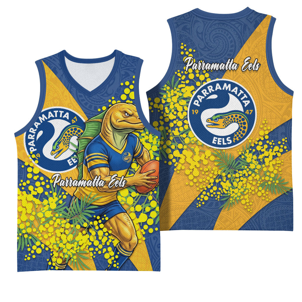 Parramatta Eels Basketball Jersey Golden Wattle Floral Polynesian - Australian Flower - Rugby Mascot