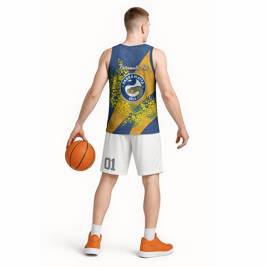 Parramatta Eels Basketball Jersey Golden Wattle Floral Polynesian - Australian Flower - Rugby Mascot