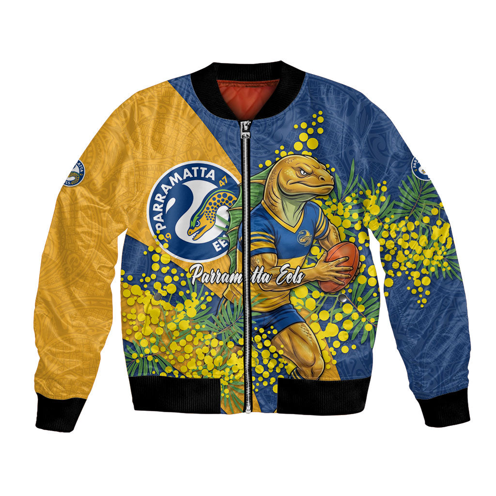 Parramatta Eels Bomber Jacket Golden Wattle Floral Polynesian - Australian Flower - Rugby Mascot