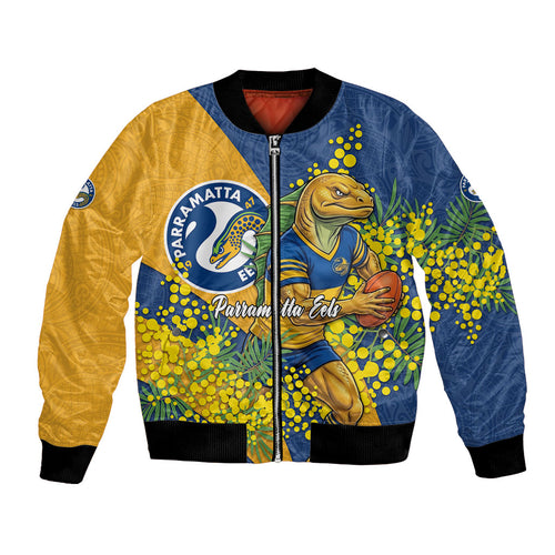 Parramatta Eels Bomber Jacket Golden Wattle Floral Polynesian - Australian Flower - Rugby Mascot