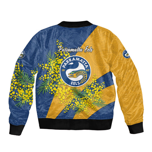 Parramatta Eels Bomber Jacket Golden Wattle Floral Polynesian - Australian Flower - Rugby Mascot