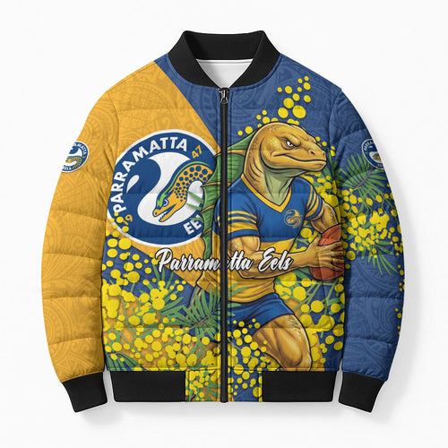 Parramatta Eels Bomber Puffer Jacket Golden Wattle Floral Polynesian - Australian Flower - Rugby Mascot