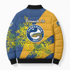 Parramatta Eels Bomber Puffer Jacket Golden Wattle Floral Polynesian - Australian Flower - Rugby Mascot