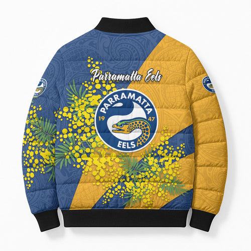 Parramatta Eels Bomber Puffer Jacket Golden Wattle Floral Polynesian - Australian Flower - Rugby Mascot