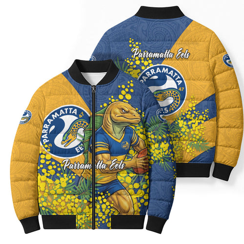 Parramatta Eels Bomber Puffer Jacket Golden Wattle Floral Polynesian - Australian Flower - Rugby Mascot