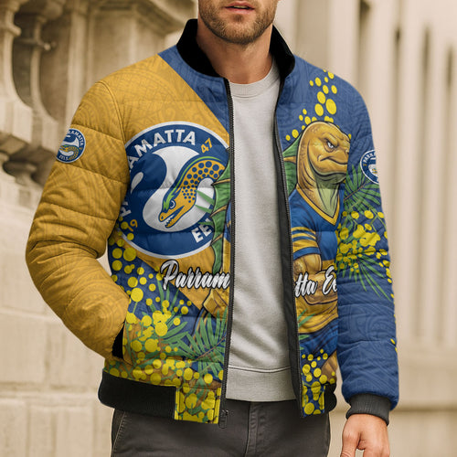 Parramatta Eels Bomber Puffer Jacket Golden Wattle Floral Polynesian - Australian Flower - Rugby Mascot