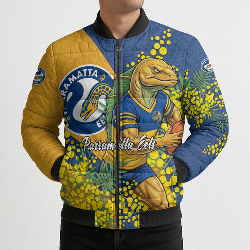 Parramatta Eels Bomber Puffer Jacket Golden Wattle Floral Polynesian - Australian Flower - Rugby Mascot