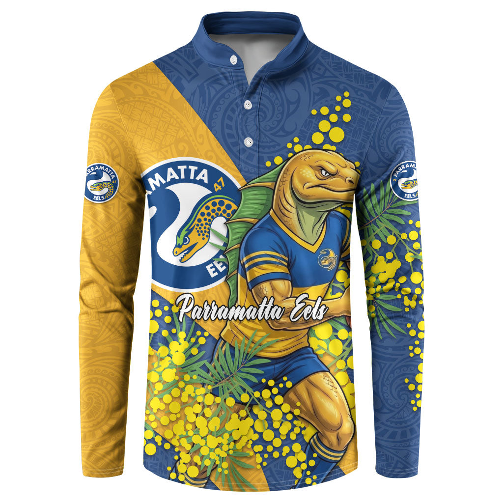 Parramatta Eels Button Sweatshirt Golden Wattle Floral Polynesian - Australian Flower - Rugby Mascot