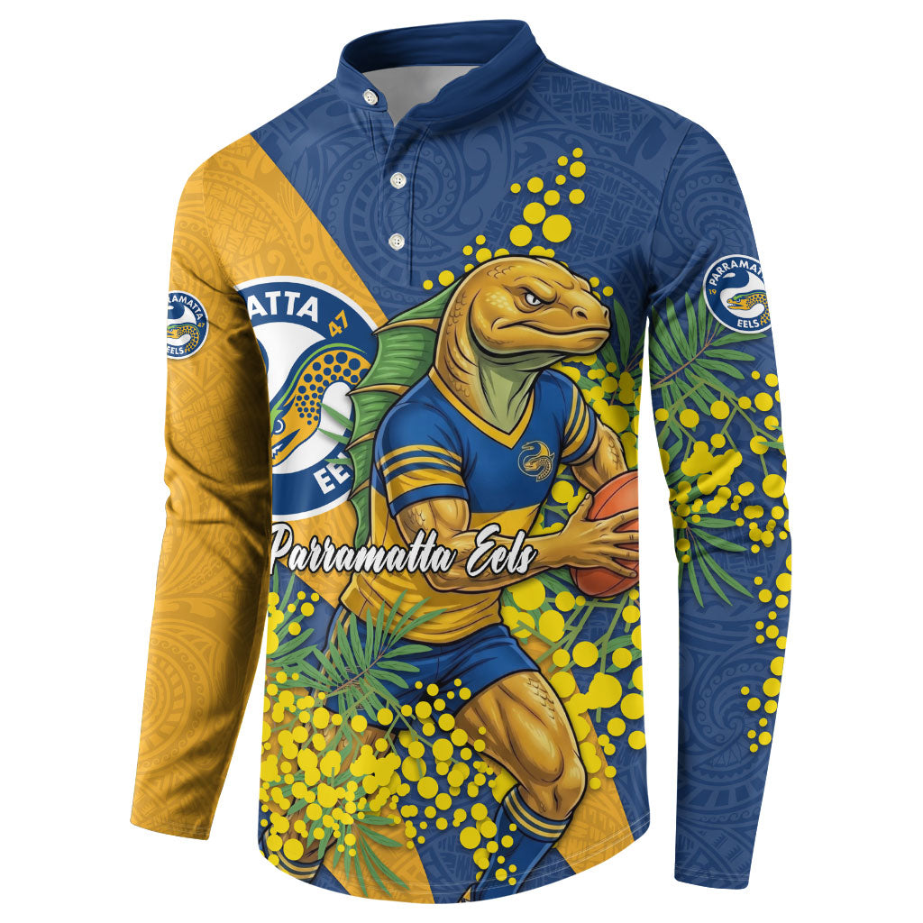 Parramatta Eels Button Sweatshirt Golden Wattle Floral Polynesian - Australian Flower - Rugby Mascot
